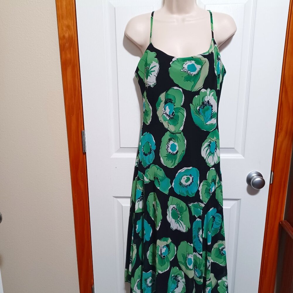 Vintage Rena Rowan Asymmetrical Spaghetti Strap Dress Green Blue Floral Size 12 - Picture 11 of 13